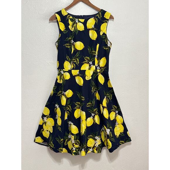 Hanpce’irs Fit and Flare Tradwife Style Dress L Navy w/ Lemons Spring Summer Fun - Picture 1 of 14